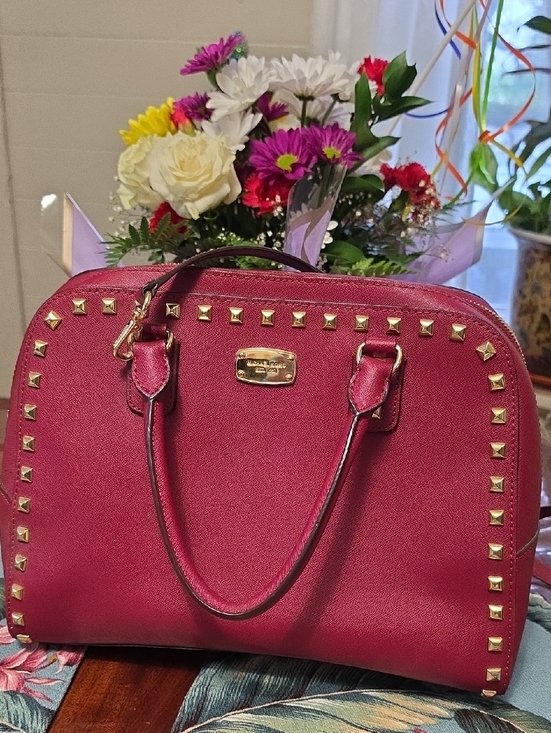 Michael Kors Handbags - Michael Kors Fuchsia/red Wine Studded Dome Satchel with Gold Hardware